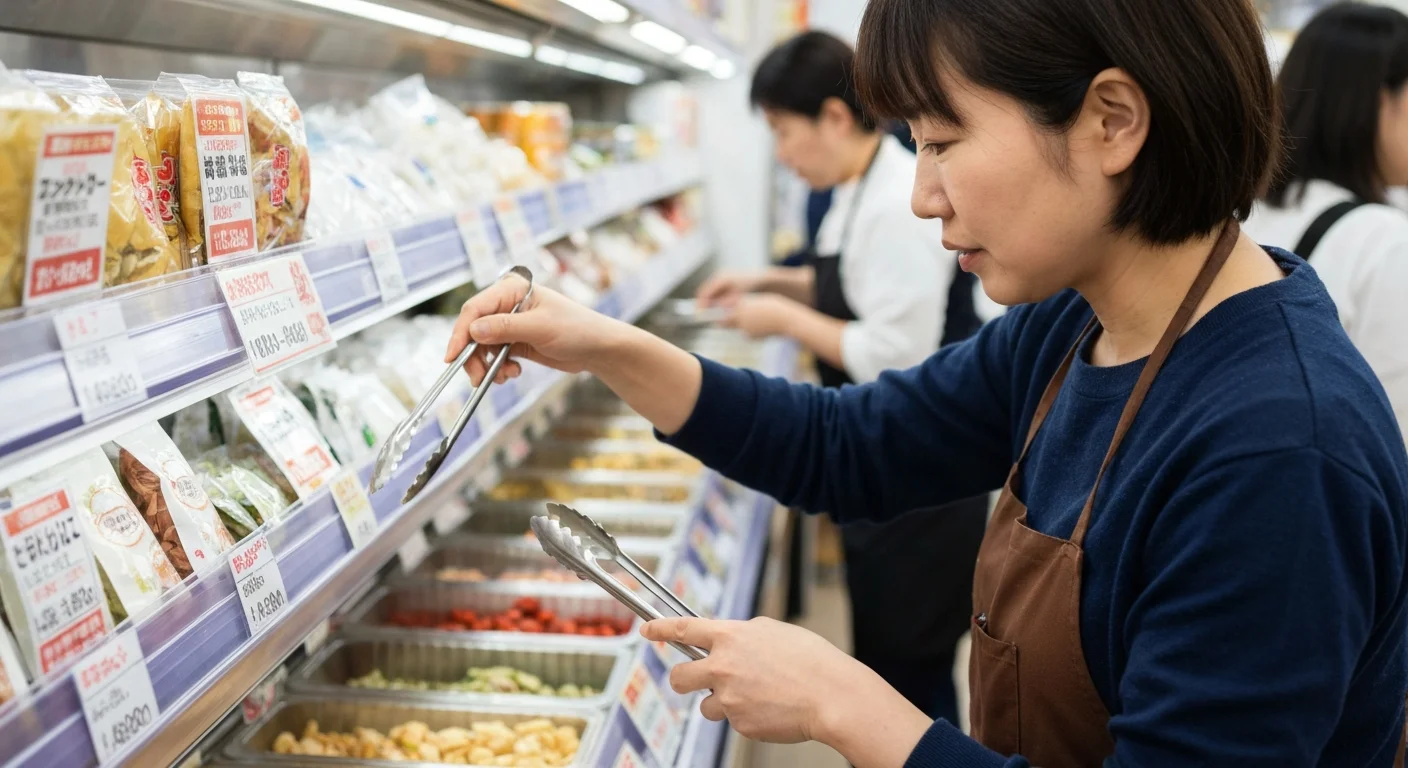 冷蔵ショーケースに並ぶ野菜やきのこ、麺をボウルへ選び入れる手元