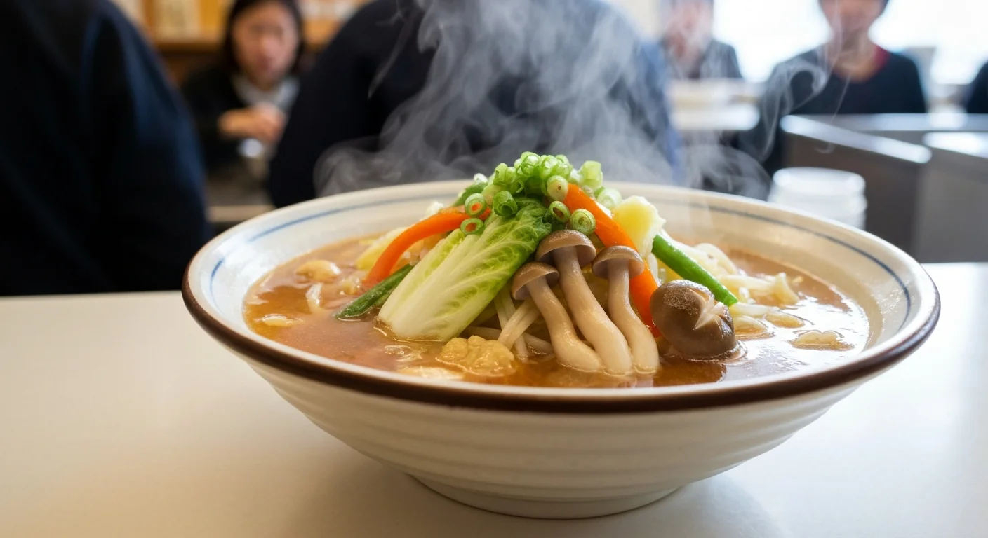 赤い器に盛られた完成した麻辣湯を真上から見た写真、青菜と麺が中心に見える