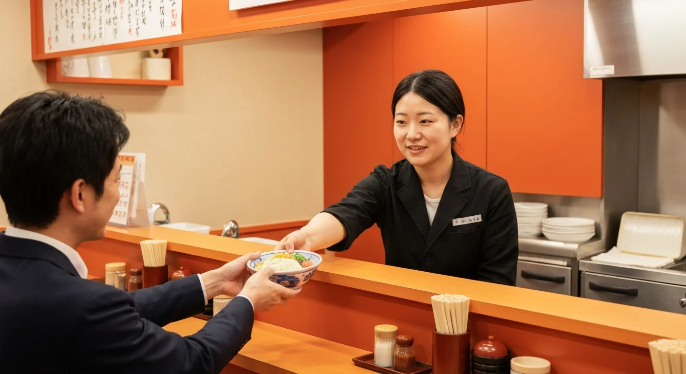 カウンター越しに完成した麻辣湯を受け取る手元と、奥に見える整った店内
