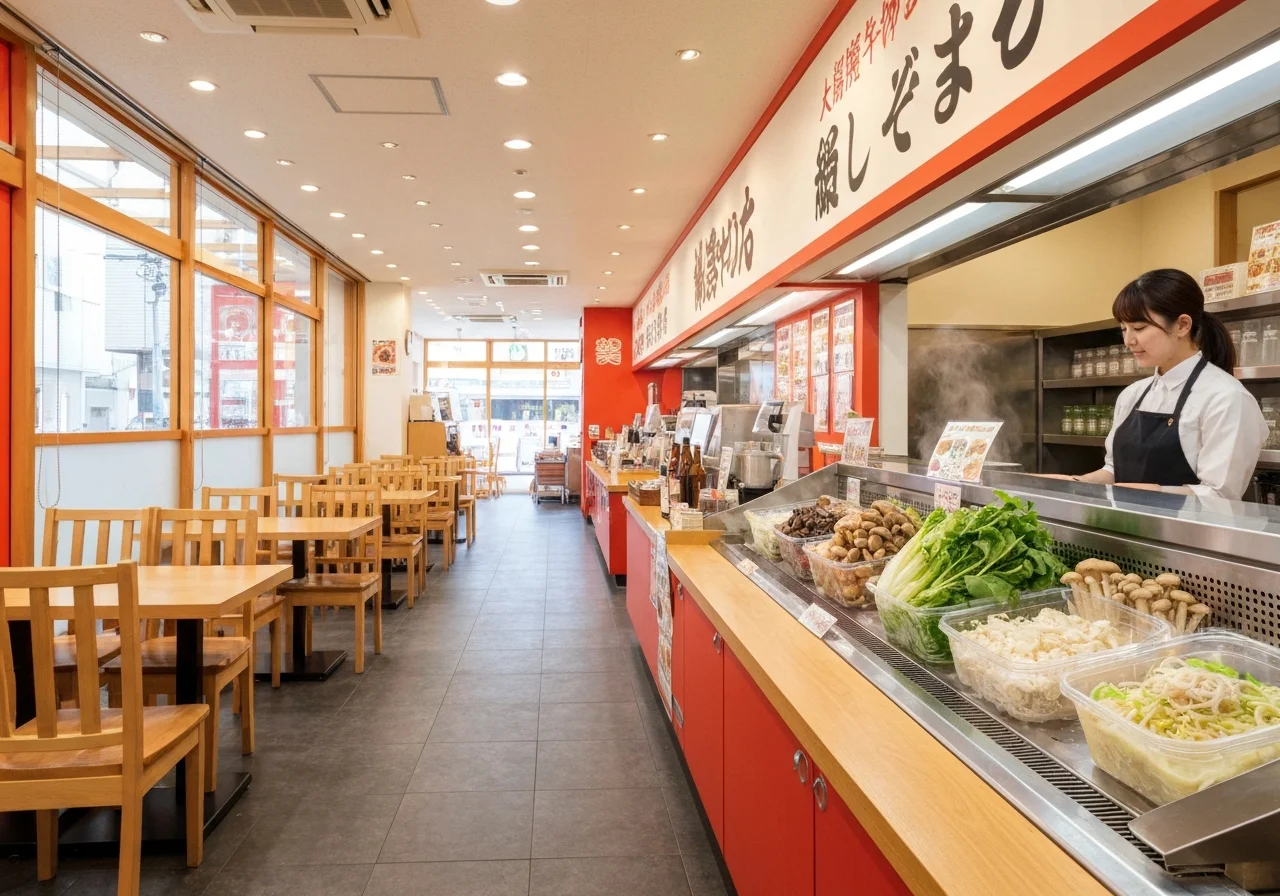 店内の通路から客席を見渡し、木の椅子と明るい照明が奥まで続く様子