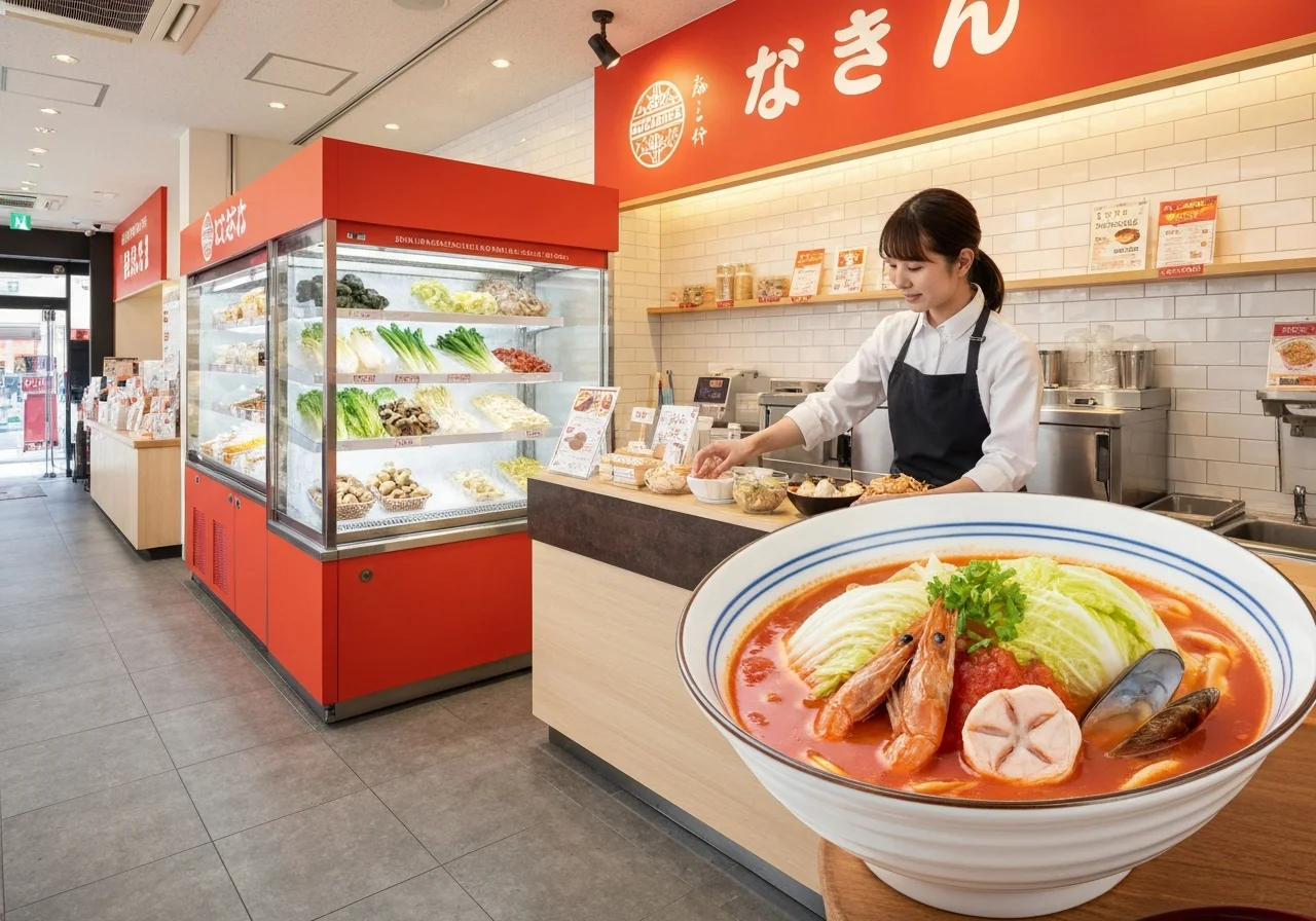 トマトスープの器に海鮮、白菜、平たい麺が入り、湯気が立つ様子