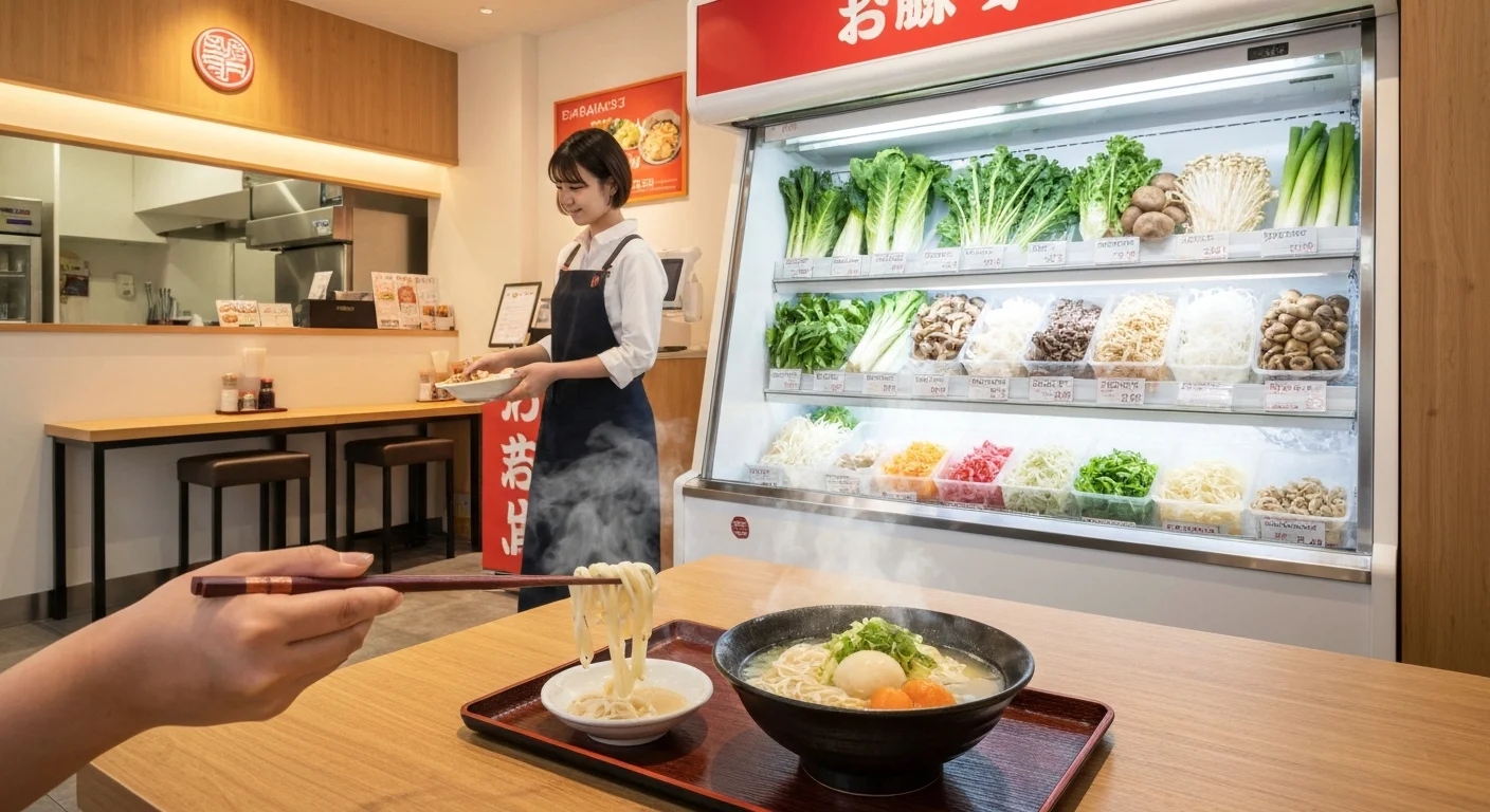 木のテーブルで完成した麻辣湯を前に箸を持ち、器から湯気が上がる食事の場面