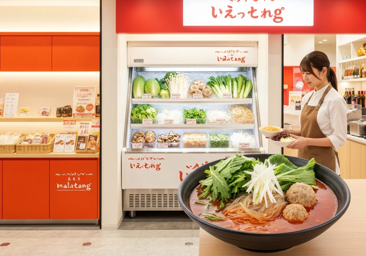 赤い麻辣燙スープの器に青菜、きのこ、春雨、肉団子が盛られた湯気の立つ一杯