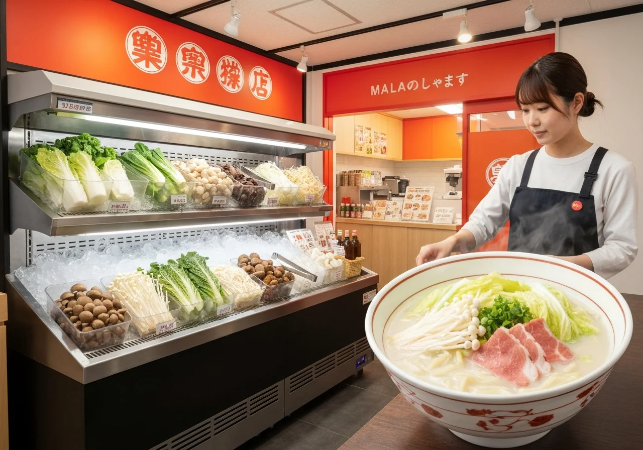 牛骨スープの器に白菜、えのき、薄切り肉、麺が入り、やわらかな色合いにまとまった一杯