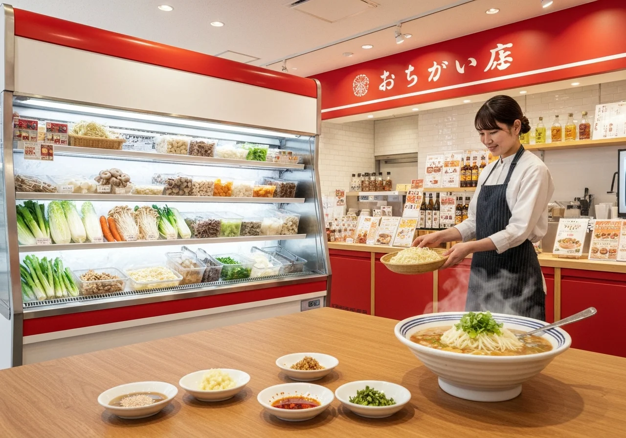 小皿に並んだごまだれ、刻みにんにく、ラー油、香草が木のテーブルに置かれている様子