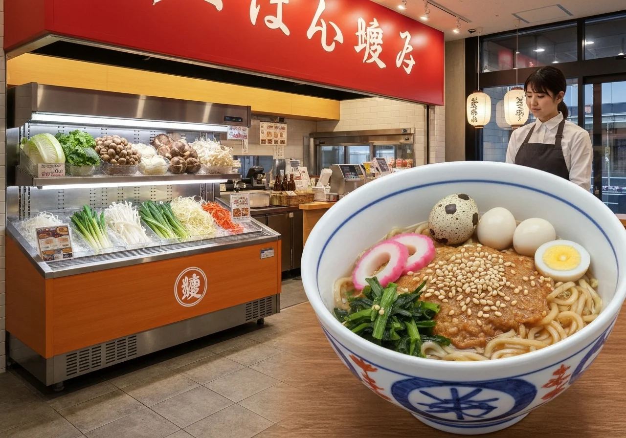ごまだれを回しかけた麻辣湯に練り物、うずら卵、青菜、もちもち麺をのせた丼