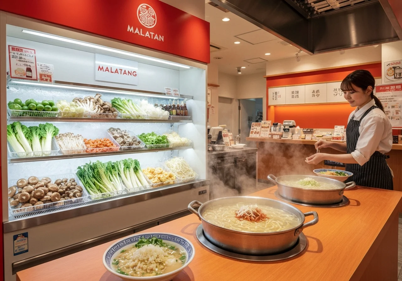 金属鍋の湯気の向こうで麺と具材を手早くゆで上げる調理台の様子